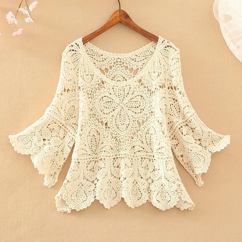 Summer Clothing 2023 Latest Women's Round Neck Crocheted Cutout Blouse Short Large Size Lace Half Sleeve Loose Top for Women images - 6
