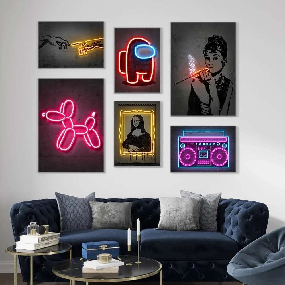 Neon Street Art Prints Poster Audrey Monalisa Boombox Canvas Painting Balloon Dog Glowing Hand Gesture Pink Skull Bar Room Decor