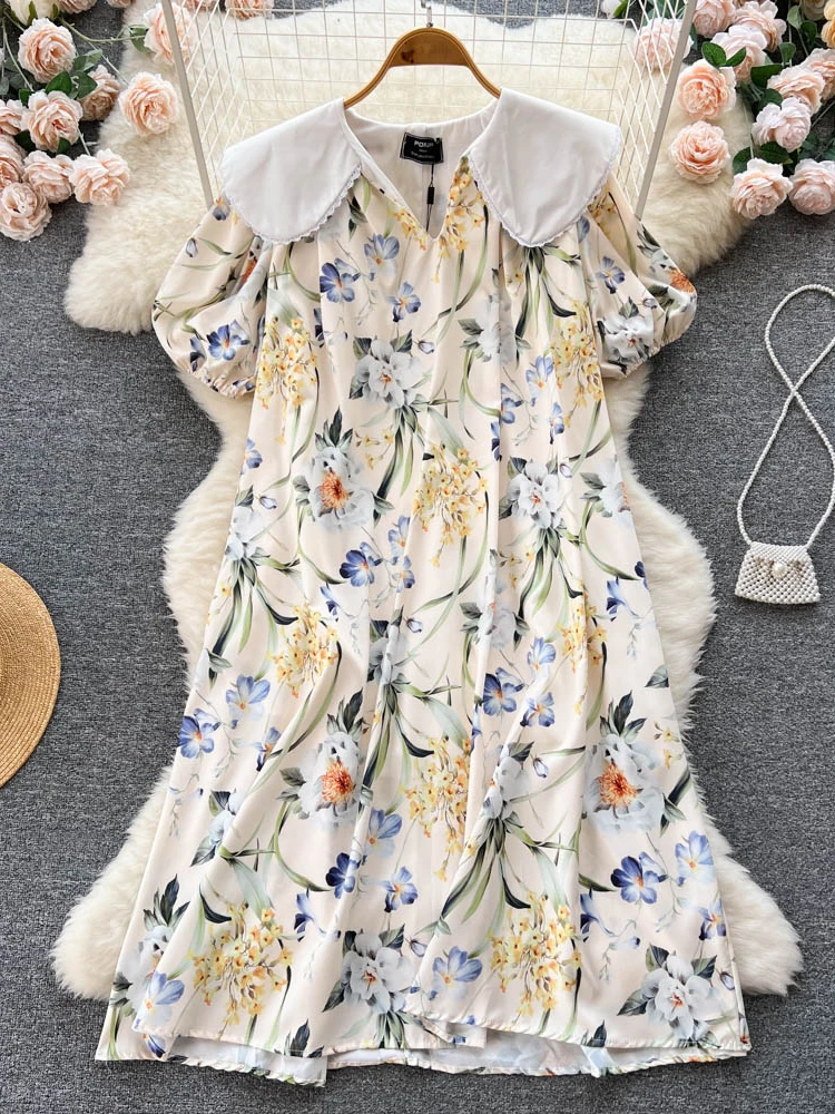 

Aibeautyer New Casual Spring Autumn Floral Print Slim Lady Dress A Line Peter Pan Collar Chiffon Pullover Women Dresses