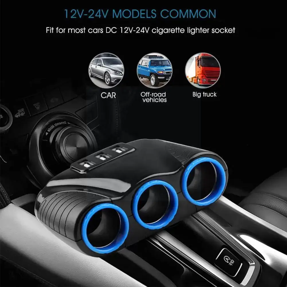 

3.1A 12V Car Charger 3 in 1 Cigarette Lighter Splitter Power Adapter USB Car-charger Socket For IPhone IPad Phone DVR GPS T0S7