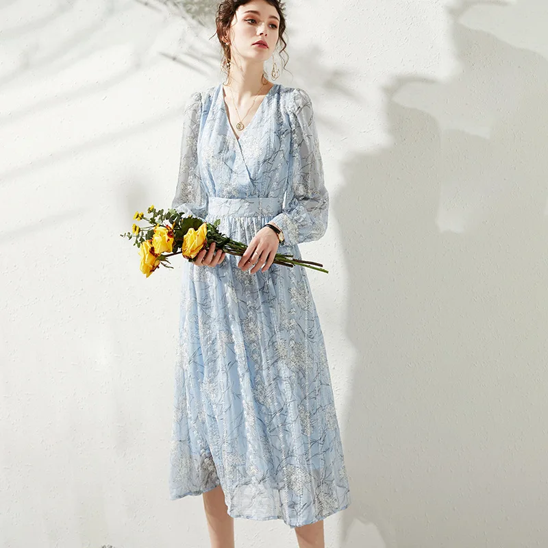 Silm Body Clothes New French Chiffon Floral Skirt Small Fresh Pastoral Holiday Dress Women Cottagecore Dress Summer Blue Dresses
