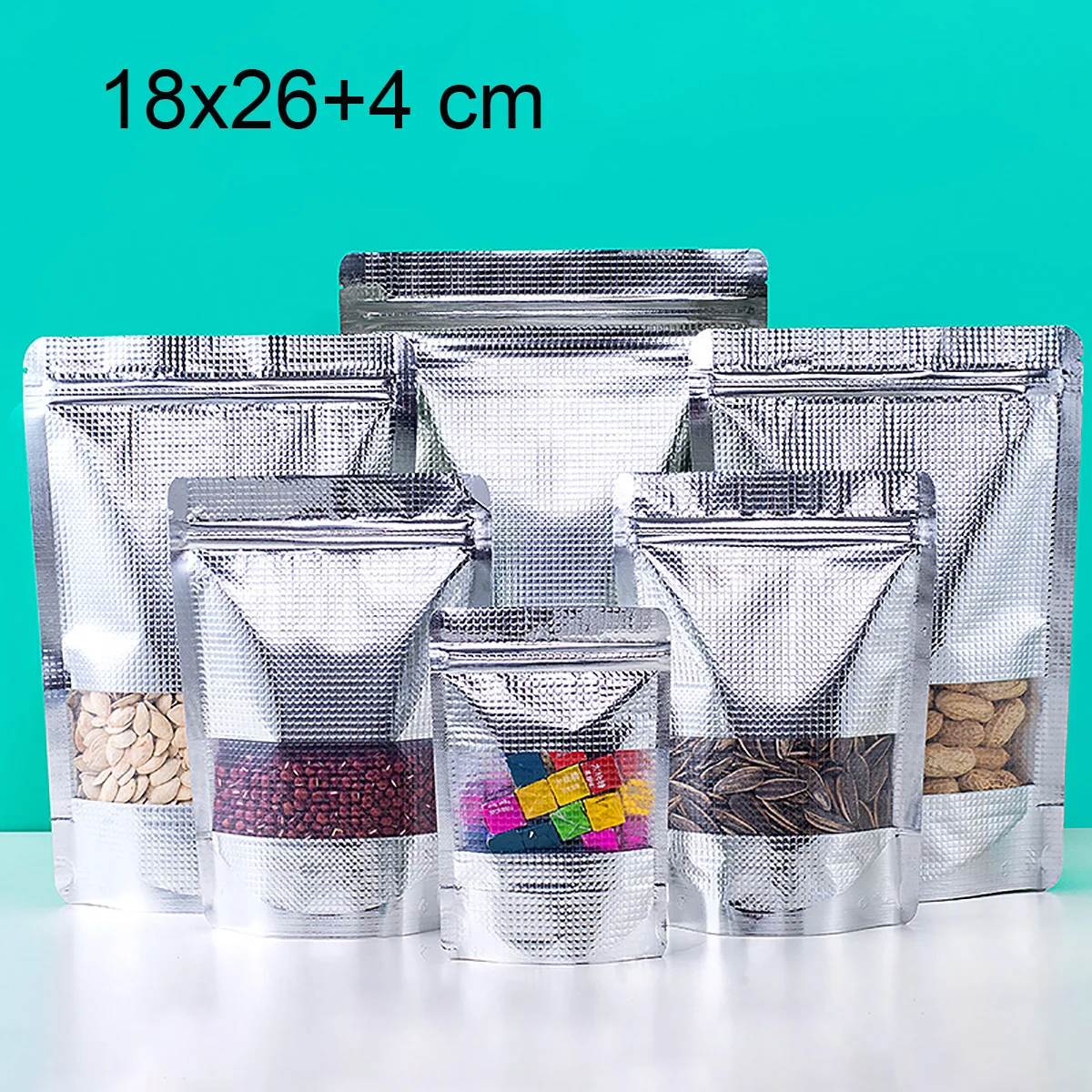 

100Pcs 18x26+4cm Embossed Aluminum Foil Packaging Bag Self-Standing Ziplock Bags Dried Fruits Food Packaging Sealed Bags