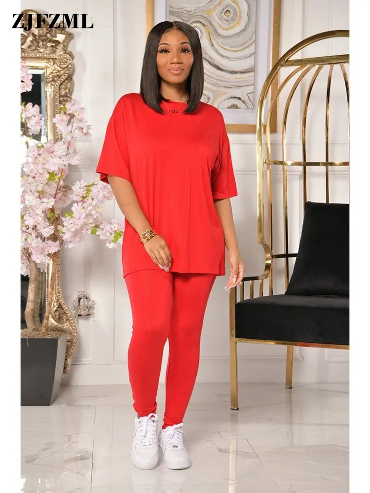 

Casual Women's Sport Suits Summer Round Neck Short Sleeve Loose Fit T-shirt Tees and Slim Fit Pencil Legging Two Piece Outfits