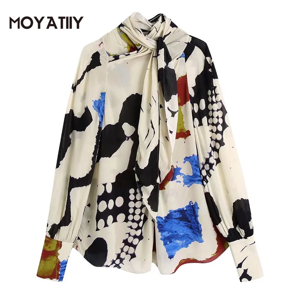 

MOYATIIY Women 2022 Fashion Printed Blouse Modern Floral Pattern Blouse Shirts With Tied Bow Long Sleeve Female Tops