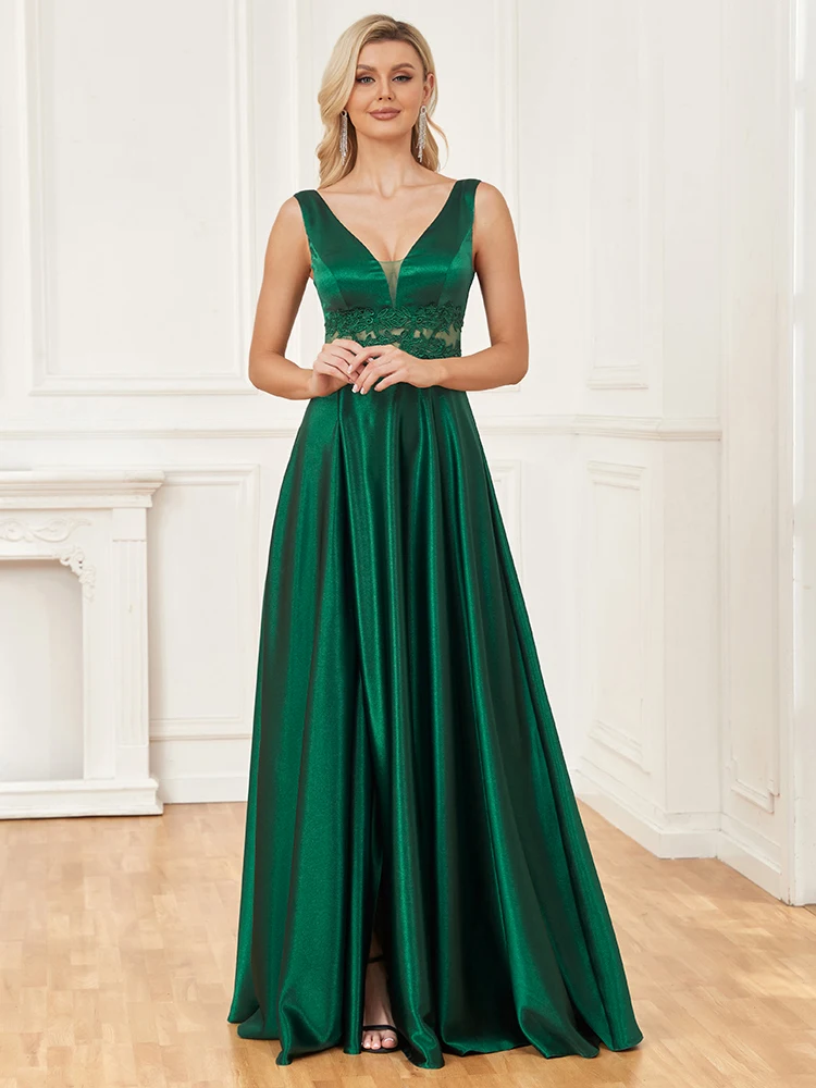Lucyinlove Elegant V-Neck Satin Evening Dress 2023 Women Emerald Green Formal Wedding Party Dress Floor Lenght Gown Vestidos