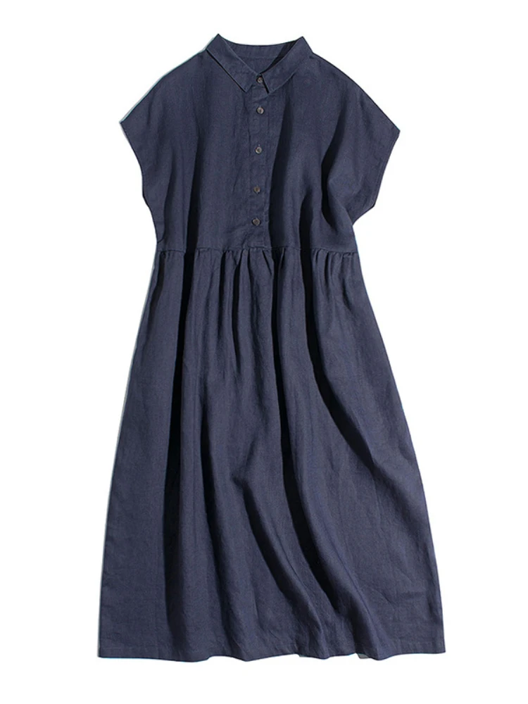 

2022 Summer New Ladies Shirt Collar Dress Retro Simple Cotton Linen Long Skirt Temperament Office Wear Comfortable Loose Casual