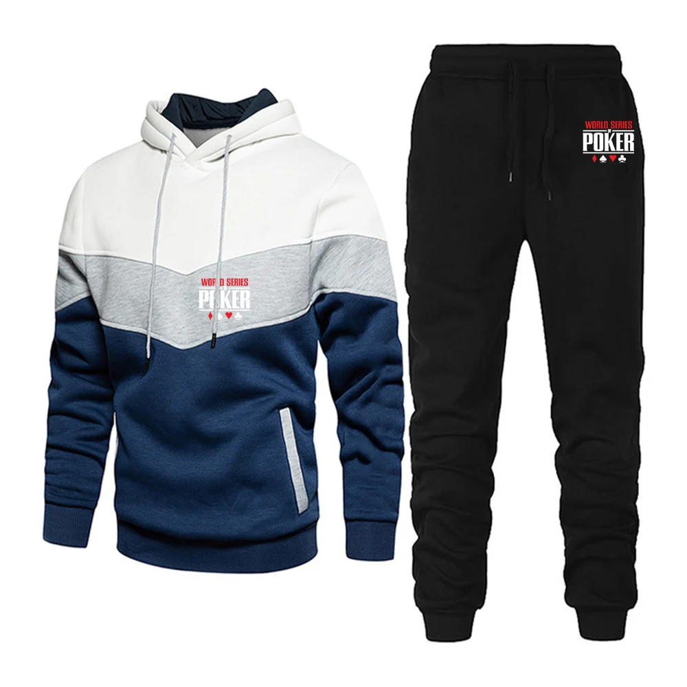 

World Series Of Poker 2023 Men's New Long Sleeves Three Color Splicing Sportswears Cotton Hoodie Top + Sweatpants Two Piece Suit