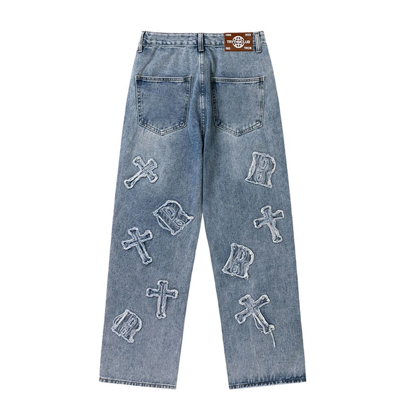 Cross Patch Embroidery Denim Jeans Men Y2k Streetwear Patchwork Hip Hop Oversize Straight Leg Casual Pants Cotton Trousers Male