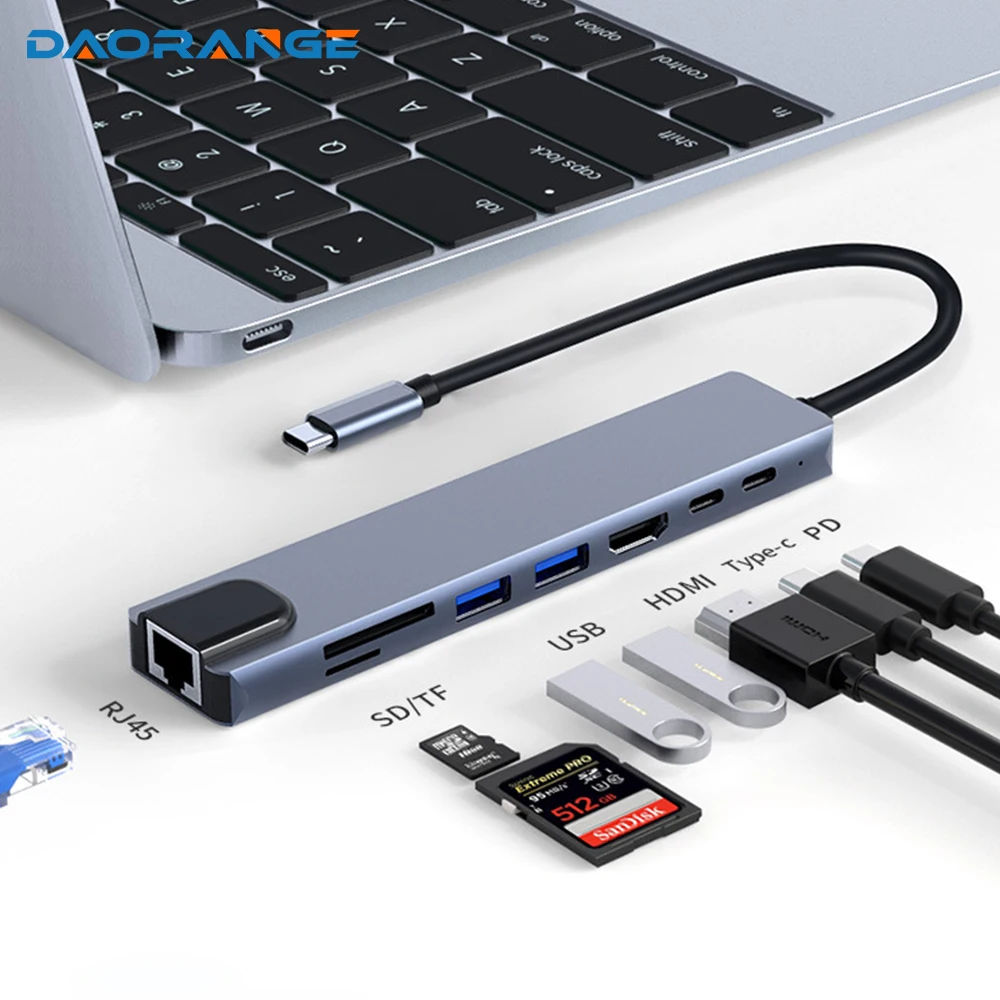 

USB C Hub For MacBook Pro Air 8 in 1 Hub For Laptop Adapter Charge 8 Ports Dock Station RJ45/HDMI/USB 3.0/PD/TF/SD Card Splitter