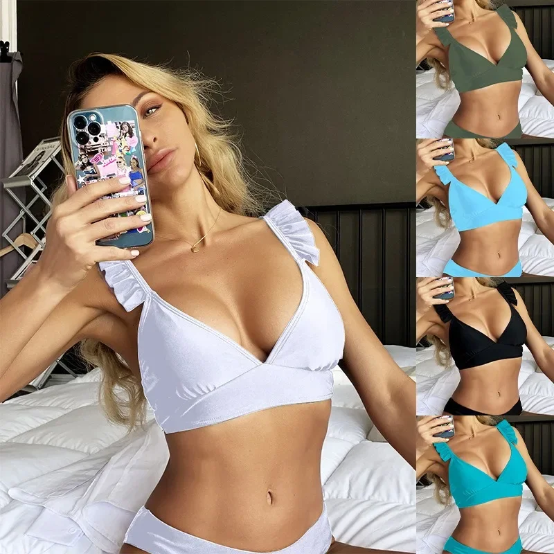 

2023 New Sexy Sports Shoulder Strap Pleated Bikini Single Top Europe and The United States Backless Gathering Single Swimsuit