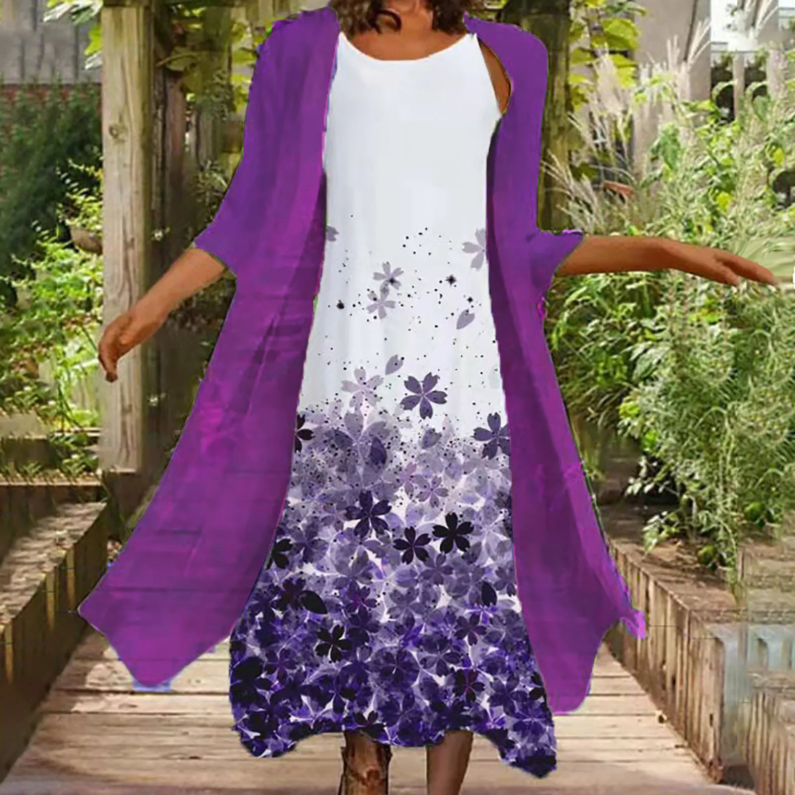 

Женское Повседневное платье-миди без рукавов, свободное платье с цветочным принтом и круглым вырезом, элегантный длинный кардиган, комплек...