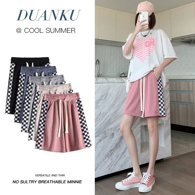 

2022 Summer Women's Shorts Loose Thin Ice Silk Silky Oversize Chessboard Plaid Running Beauty Less Sexy Shorts Women's Clothing