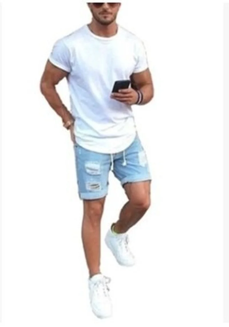 New Fresh Jeans for Women Summer Mens Solid Color Holes Fashion Leisure Denim Shorts for Men