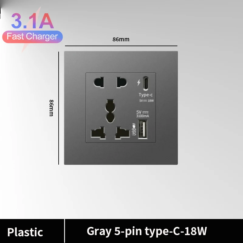 

Универсальная интеллектуальная настенная двойная розетка USB C для быстрой зарядки, адаптер вилки типа C Великобритании 18 Вт, электрическая розетка высокой мощности 220 В, 16 А