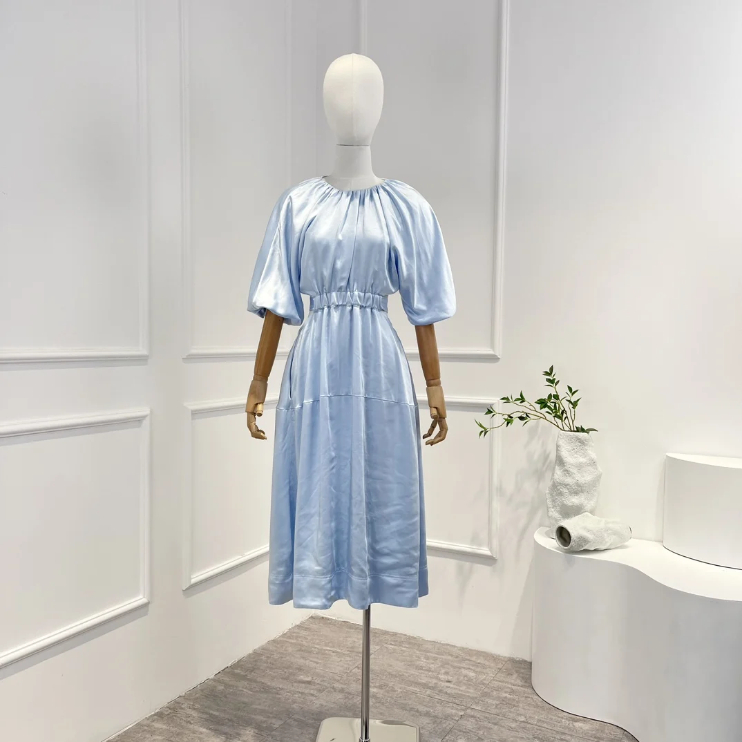 

New Arrival 2023 Top Quality Spring Summer Vintage Graceful Solid Silk/Linen Half Lantern Sleeve Elastic Woman Midi Cutout Dress