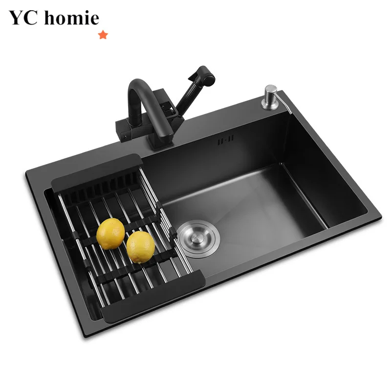 

304 Stainless Steel Kitchen Sink Black Nano Kitchen Sink Thicken Hand-Made Vegatable Basin With Faucet Drain Accessories