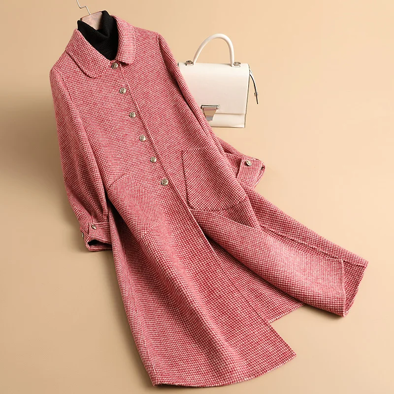 

2022 Autumn New Houndstooth Double-sided Woolen Coat Women's Mid-length Red and White Plaid Woolen Jacket for Women Clothing FCY