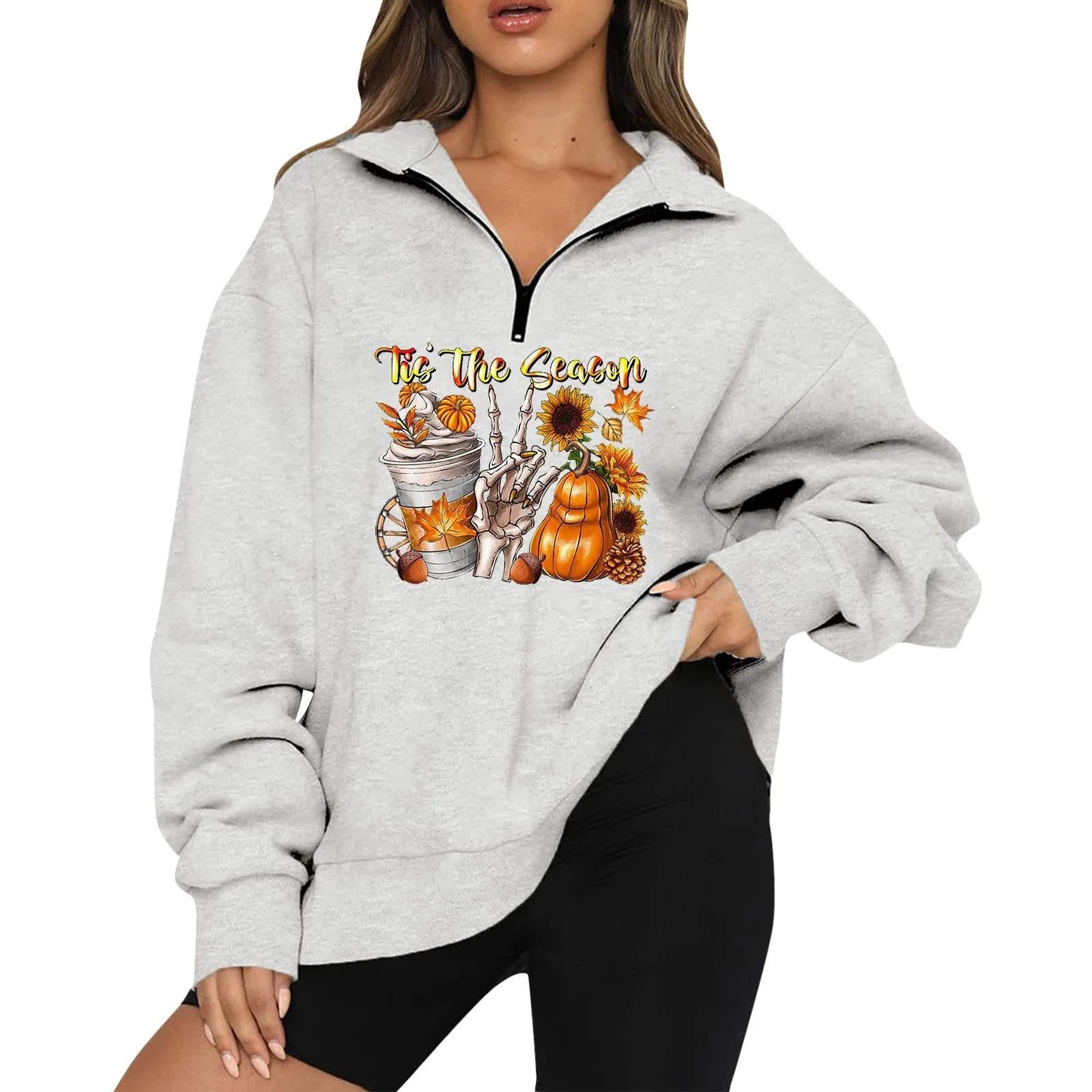 

Women Halloween Pumpkin Graphic Pullover Loose Zipper Lapel Hoodie Long Sleeve Hoodless Female Sweatshirt For Lady Fall Winter