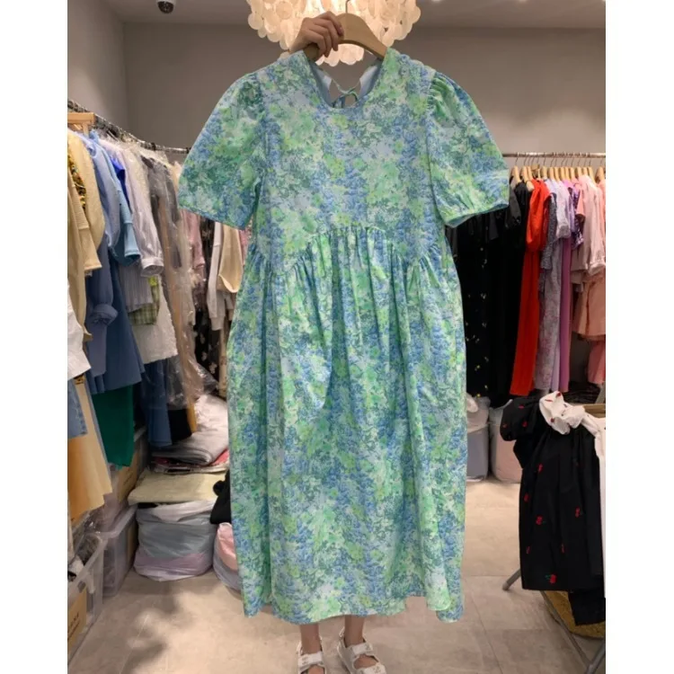 

Женское свободное плиссированное платье, повседневное хлопковое платье зеленого и фиолетового цветов в Корейском стиле, лето 2022