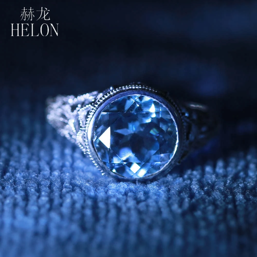 HELON Solid 14k 10k White Gold Round 10mm Flawless Blue Topaz Diamonds Art Deco Vintage Fine Jewelry Engagement Ring Women Gift