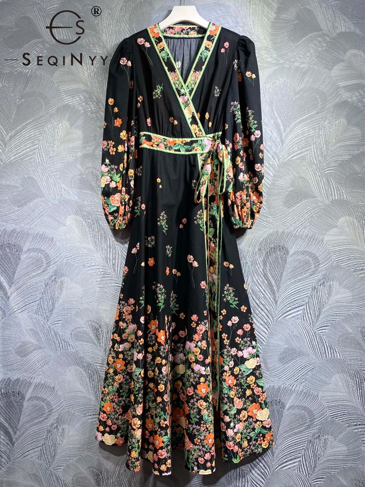 SEQINYY 100% Cotton Dress Summer Spring New Fashion Design Women Runway High Quality Vintage Flower Print Belt Casual Elegant