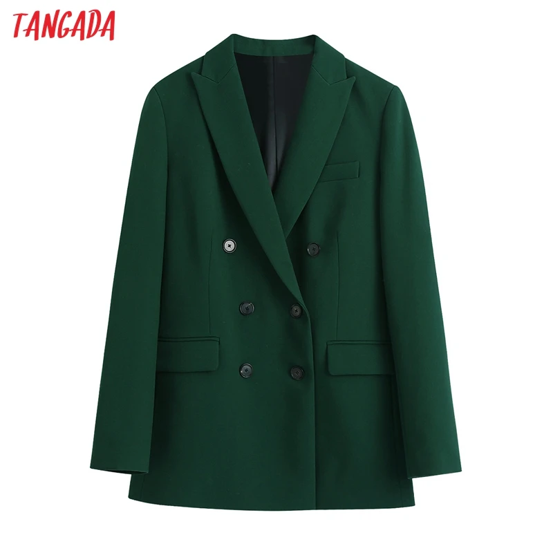 

Tangada Women 2021 Fashion Green Blazer Coat Vintage Double Breasted Long Sleeve Female Outerwear Chic Tops BE311