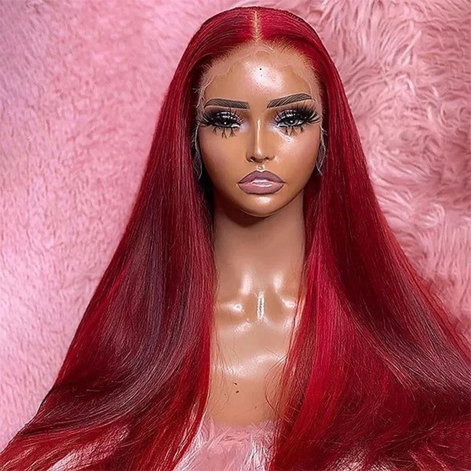 Фото Ombre Red Colored Straight 13x4x1 Lace Part Human Hair Wigs Clearance Sale For Women 180 Density Transparent Lace Do Middle Part №5