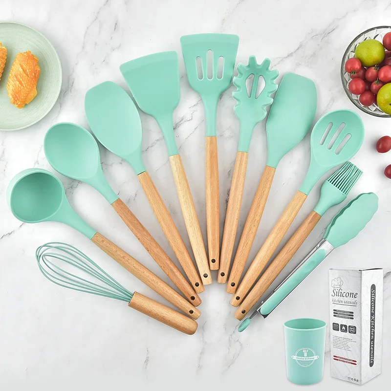 

Silicone Kitchen Utensils Set Non-Stick Cookware Kitchen Wooden Handle Shovel Egg Beater Kitchenware Kitchen Accessories