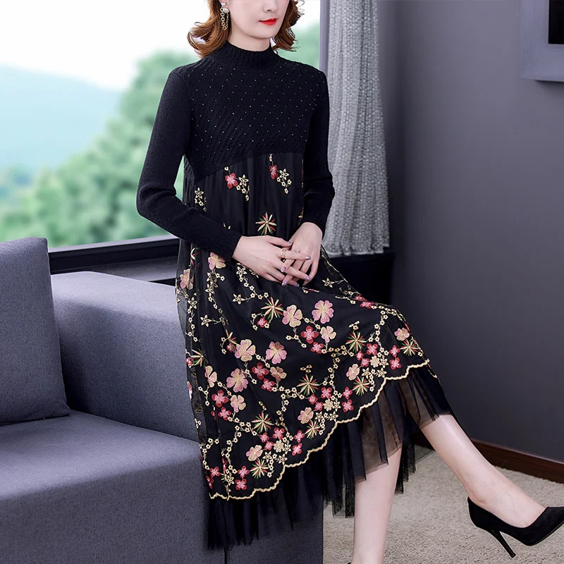 

Autumn And Winter 2023 New Upscale Cardigan Knitting Splicing Mesh Flower Embroidery Dress Black Slim Medium Long Base Skirt