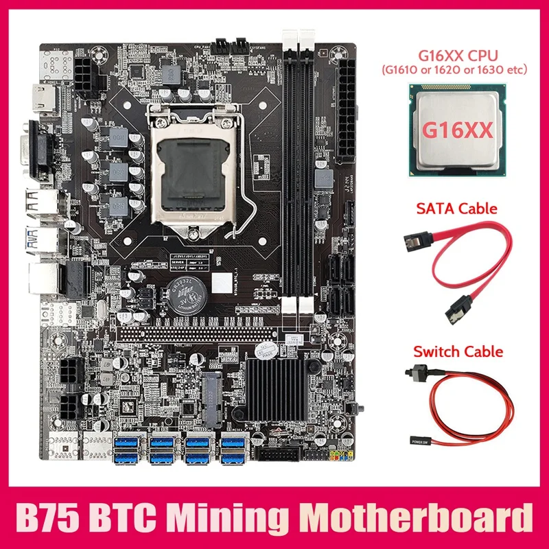 

B75 ETH Mining Motherboard 8XPCIE USB Adapter+G16XX CPU+SATA Cable+Switch Cable LGA1155 MSATA B75 USB Miner Motherboard