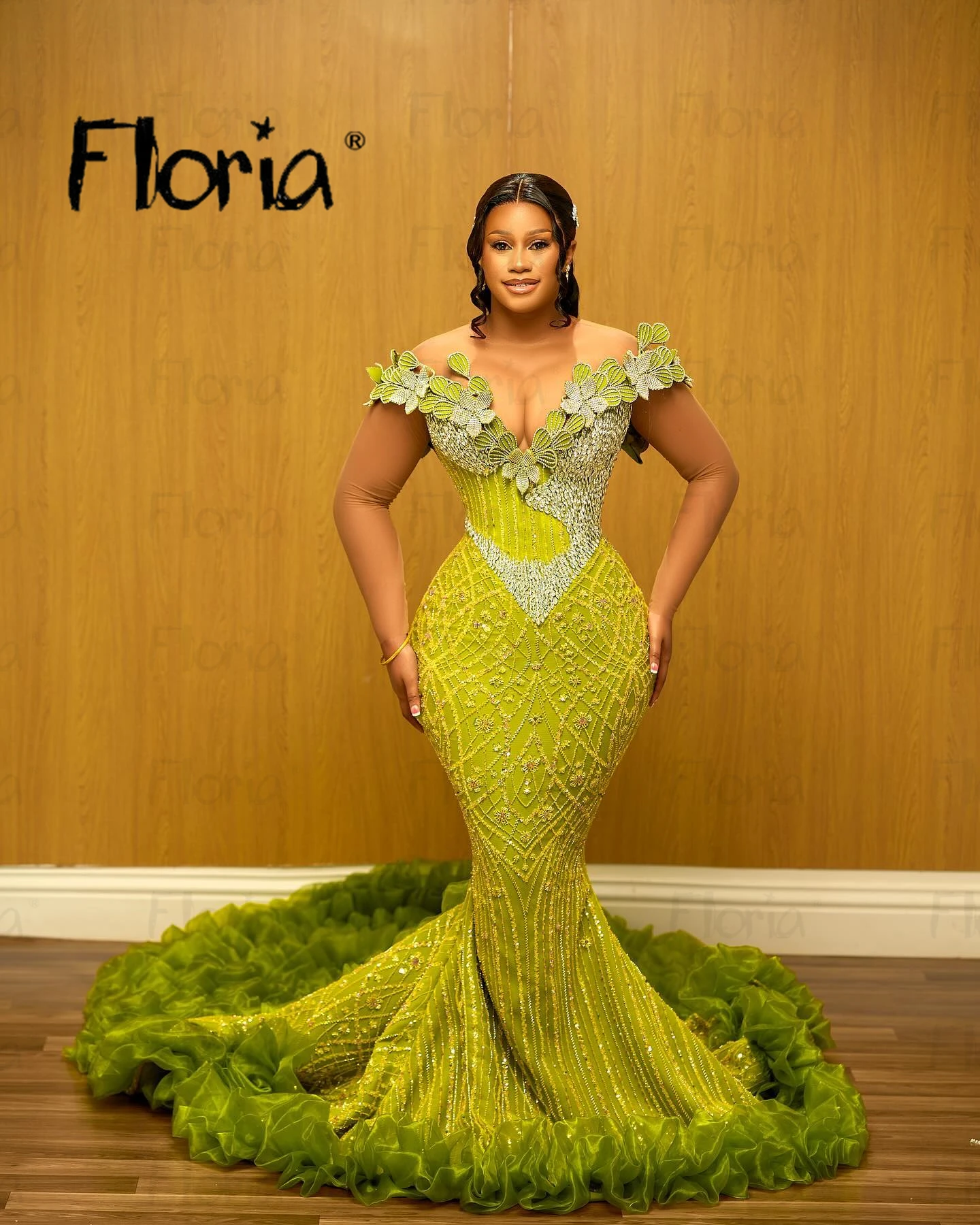 Черное длинное платье с оборками для девушек свадебное арабское зеленое