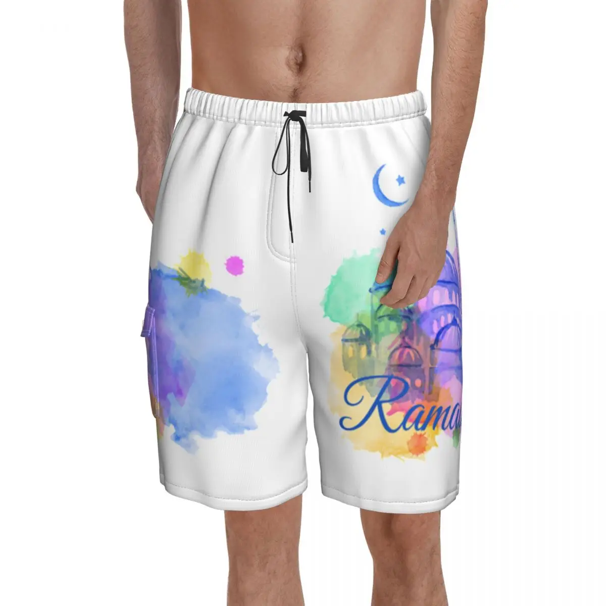 

Ramadan Kareem Board Shorts Water Color Art Board Short Pants Elastic Waist Classic Print Swimming Trunks Plus Size 2XL