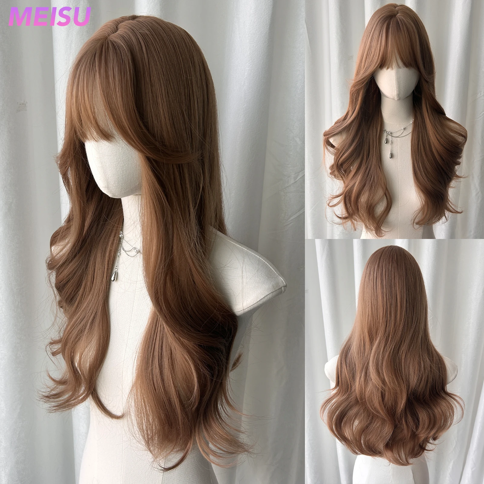 MEISU коричневые вьющиеся волнистые парики челки 26 дюймов Синтетические