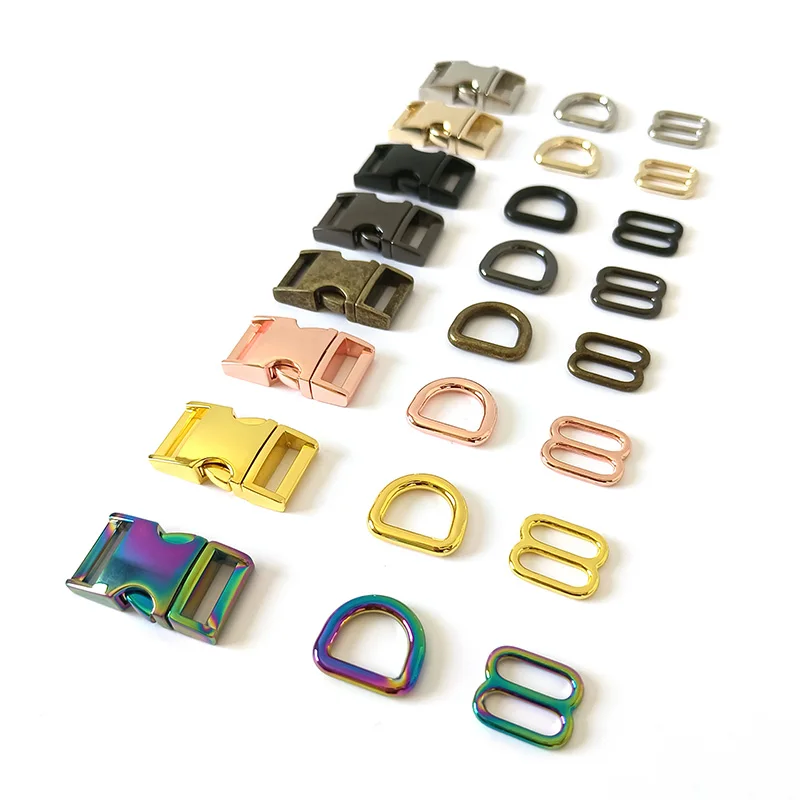 

10 Sets/Lot Strong Metal Buckle D Ring 15mm Webbing For Dog Collar Harness Accessory Adjuster Slider Straps Belt Sewing Clasp