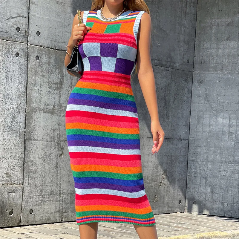 

Sweater Dress for Women 2022 Autumn Knitted Slim Sleeveless Vest Dress High Street Plaid Sexy Night Club Party Bodycon Vestidos