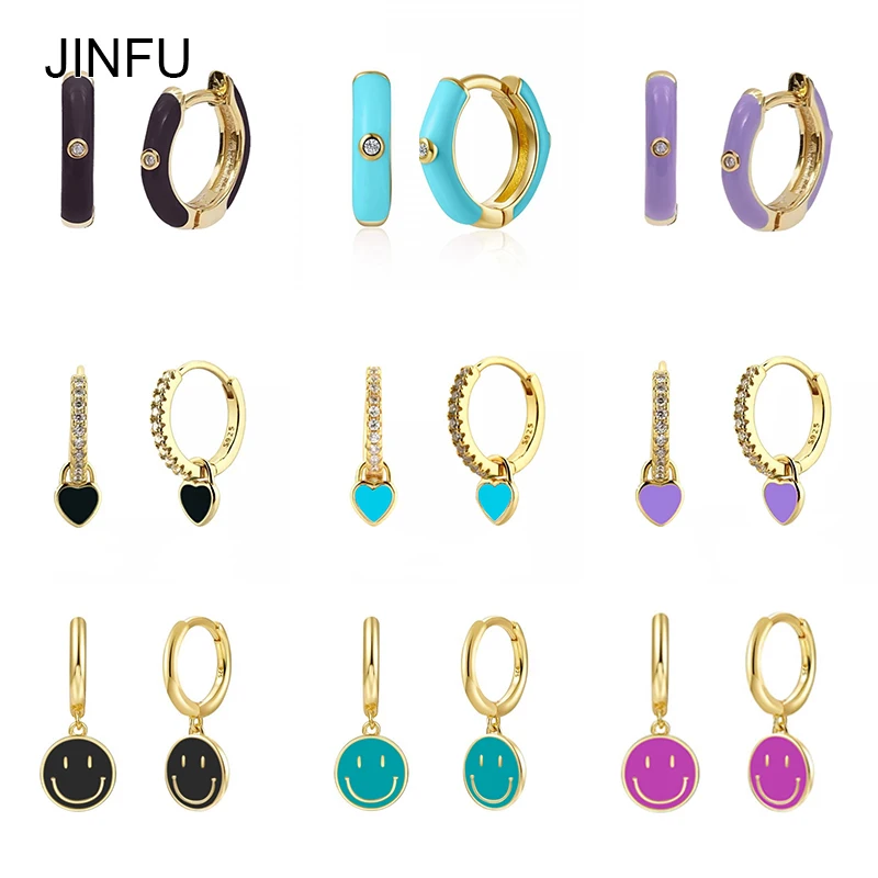 

JINFU Copper Gold Plated Hoop Drop Earrings For Women Dripping Oil Heart Smile Dangle Earrings 2022 Women Jewelry Wholesale