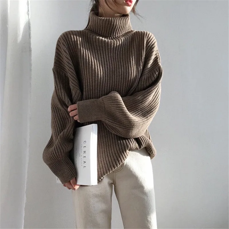

Vintage Knit Sweater Clothes for Women Coffee Korean Fashion Winter Female Sweaters Thick Warm Turtleneck Long-sleeved Pullover