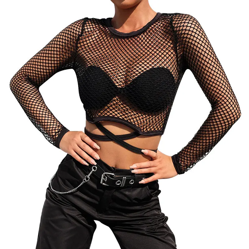 

New Sexy Mesh Shiny Long-sleeved T-shirt Ladies Spring Transparent Club Party Black T-shirt Sexy Thin O-neck Short Bottoming Top