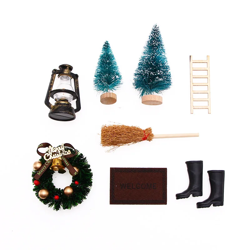 

8pcs/set Dollhouse Christmas Boots Tree Wreath Pine Santa Claus Carpet Broom Dollhouse Miniature Decoration Accessories