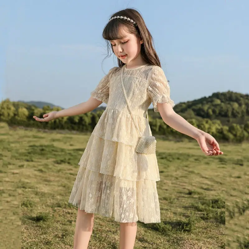 

Детское кружевное платье до колен, с круглым вырезом и коротким рукавом