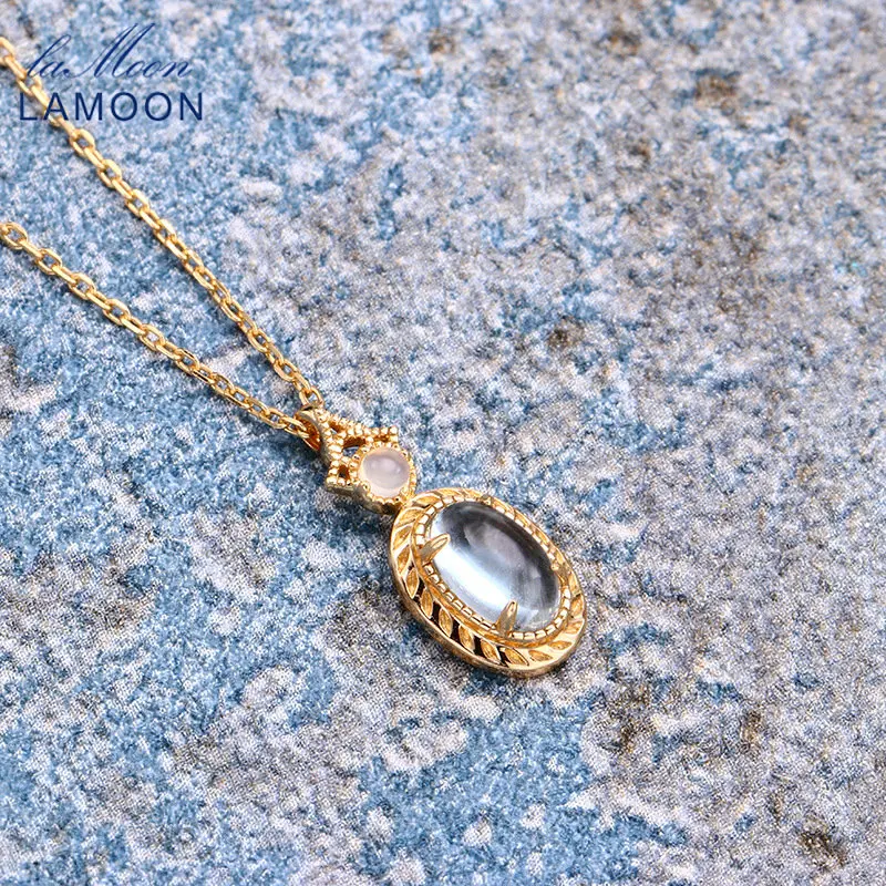 

LAMOON Vintage Natural Topaz Necklace For Women Chalcedony Gemstone Pendant 925 Sterling Silver Gold Plated Palace Jewelry NI161