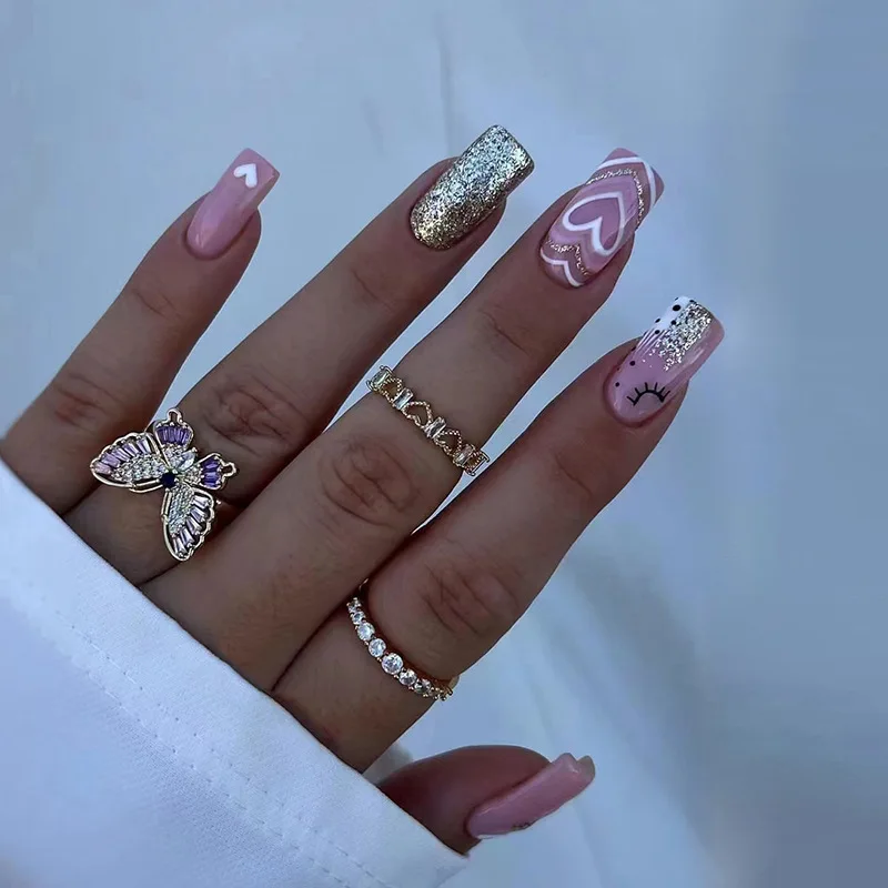 

W268 Glitter Square Press on Nails with Designs Y2K Reusable Fake Nail with Adhesive