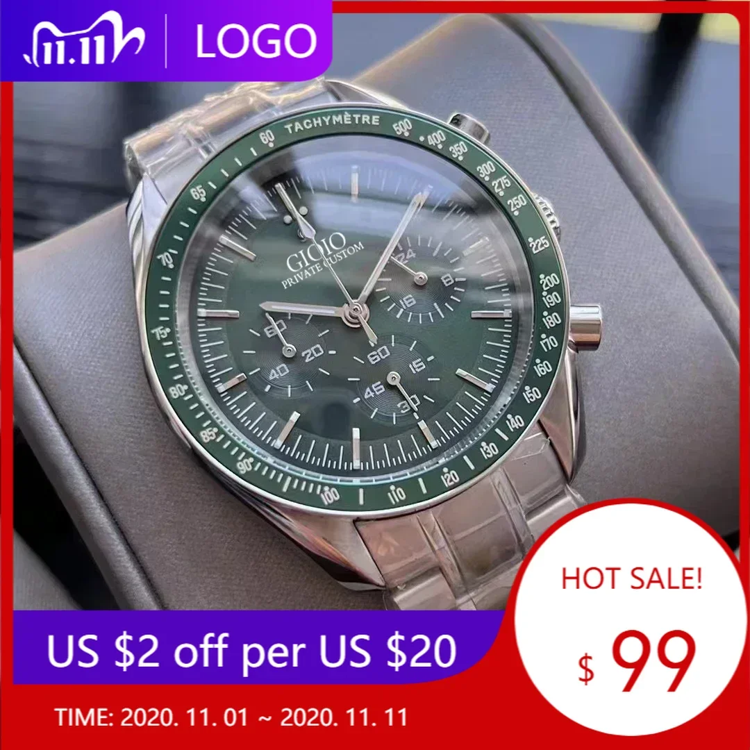 Роскошные мужские кварцевые часы с хронографом VK63 нержавеющая сталь 904L черный