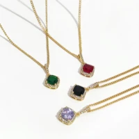 perisbox 4 colors chunky curb chain square zircon pendant necklace female hip hop layered necklace birth stone for women