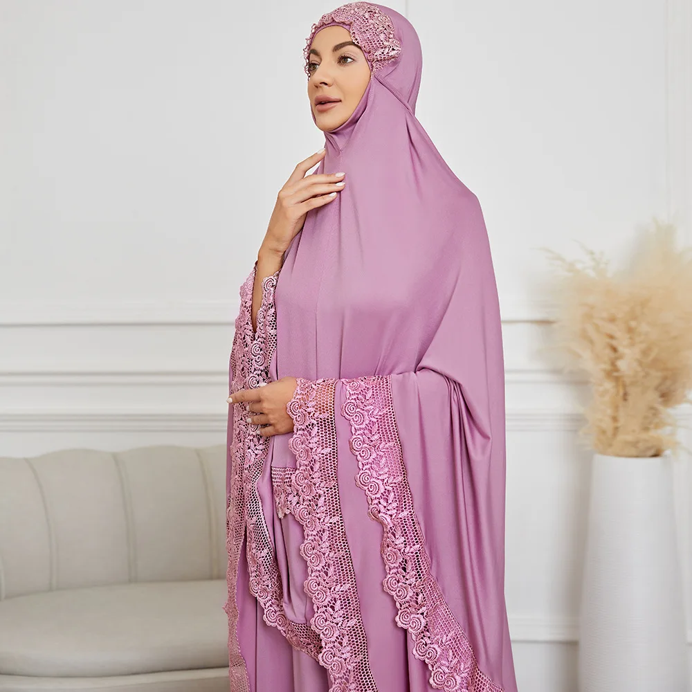 

2 Piece Set Prayer Garment Lace Dress Muslim Women Abaya Jilbab Overhead Hijab Long Khimar Ramadan Skirt Arabic Clothes Niqab