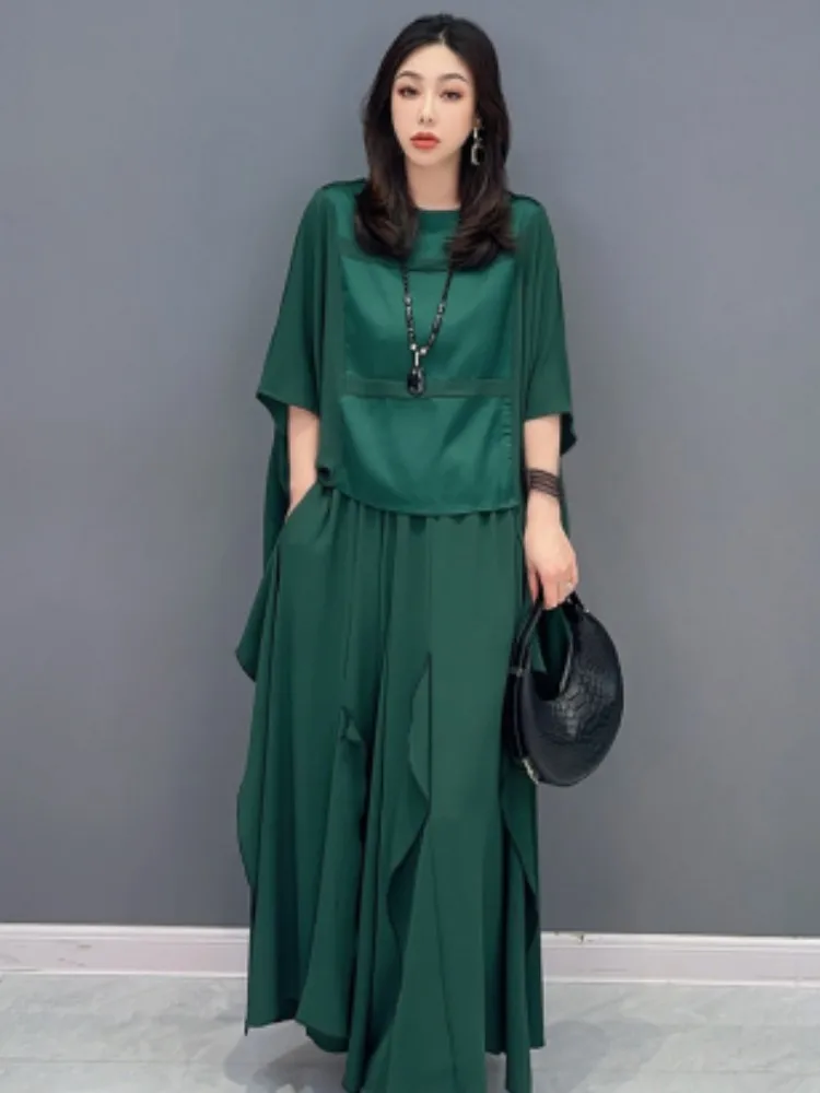 

URIOR 2023 Summer New Women Set Personalized Irregular Black Green Top Casual Wide Leg Pants Trendy Girl Two Piece Set