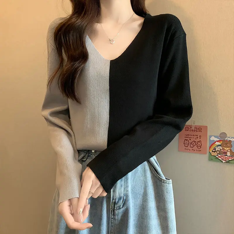 Женский свитер контрастных цветов свободные универсальные пуловеры с V-образным