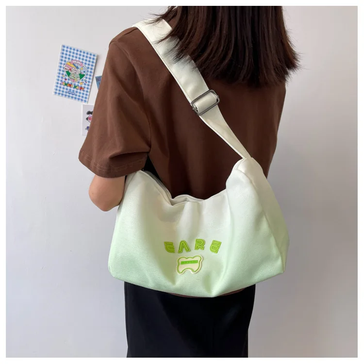Women Gradual Canvas Tote Bag Female Large Capacity Shoulder Shopper Bag Korean Ins Cloth Crossbody Bag Zipper Messenger Handbag