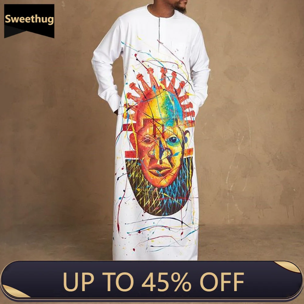 

Muslim WHITE clothing 2022 summer ethnic style long-sleeved fashion cartoon printed loose men's robe M-4XL