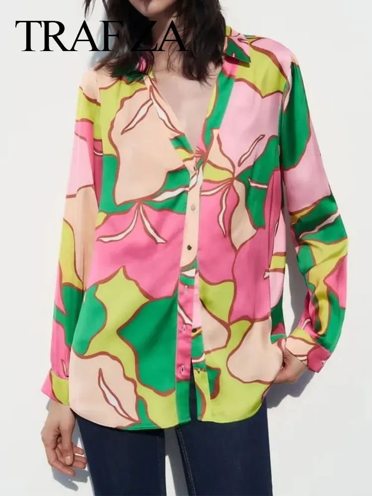 

TRAFZA Women's Print Satin Blouse Vintage Lapel Collar Single Breasted Long Sleeve Shirts 2023 Spring Casual Female Chic Tops